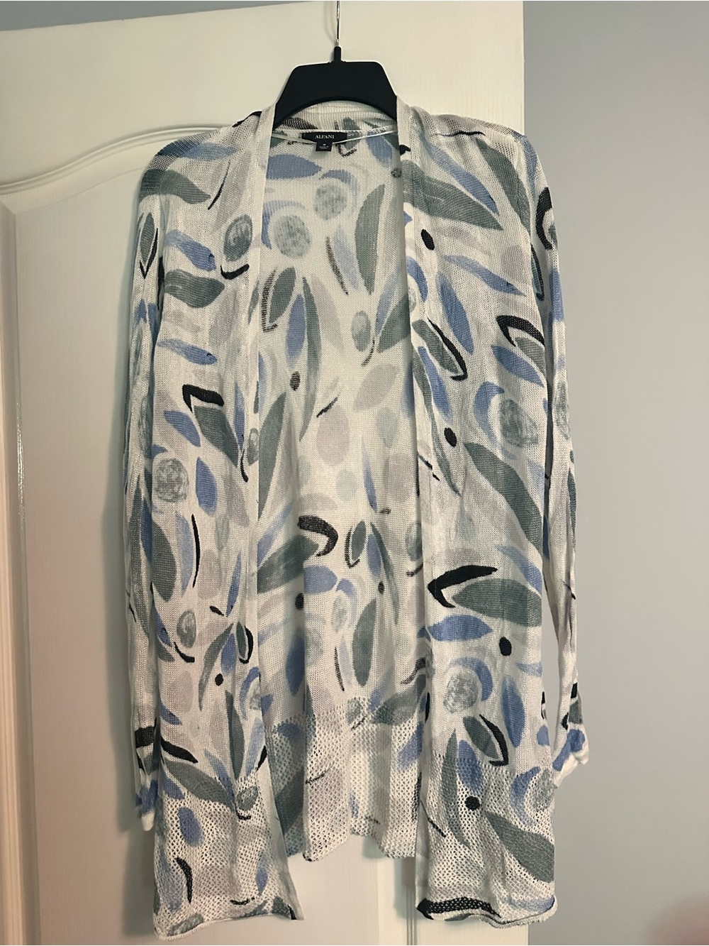 Alfani White, Light Blue & Gray Patterned Open-Front Cardigan